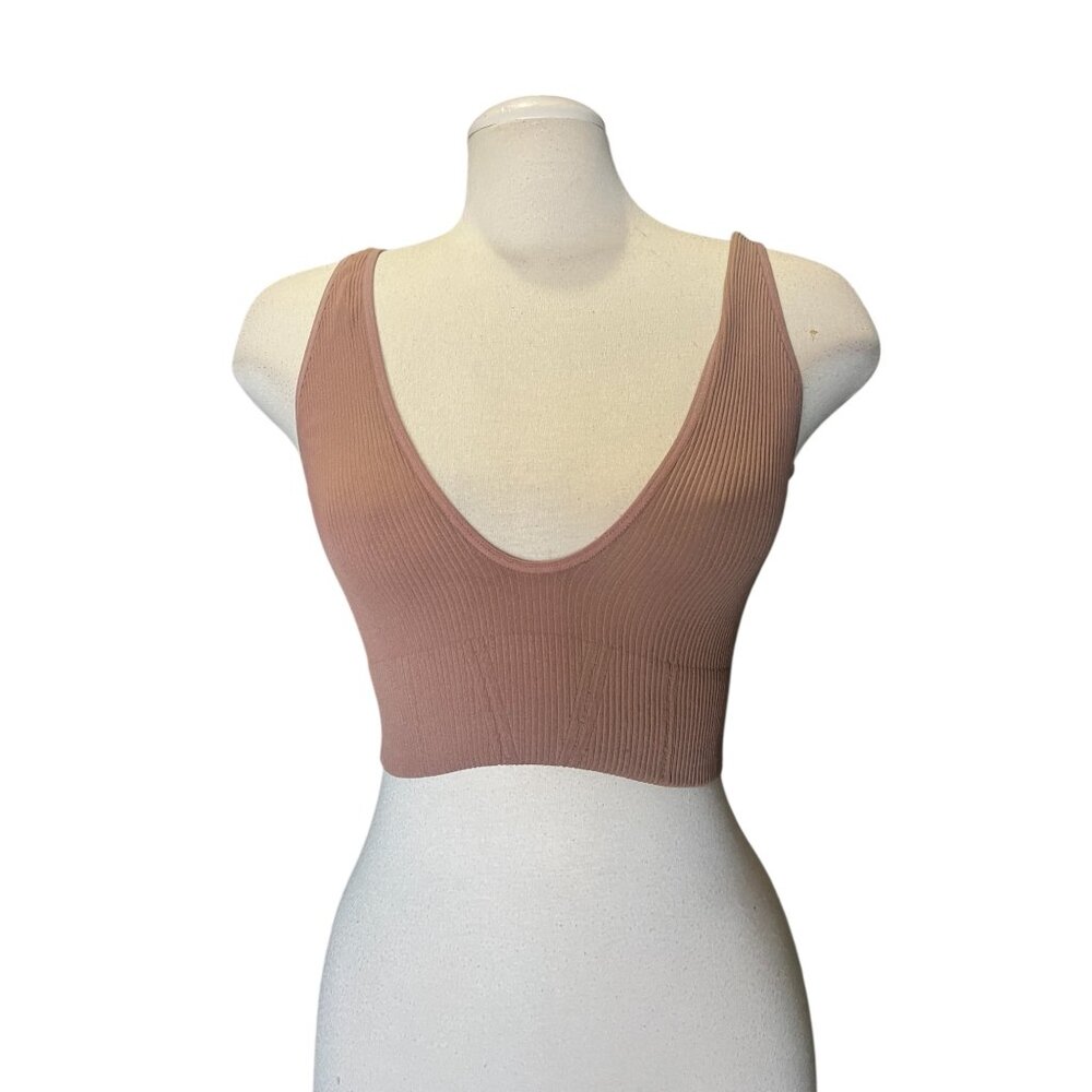 NUX Ribbed Deep V Neck Casual Ribbed Bra Sz Medium/Large Womens Beige